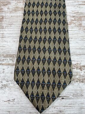Vintage 90s Geoffrey Beene Silk Tie Olive Gold Blue Diamond Pattern USA Wide